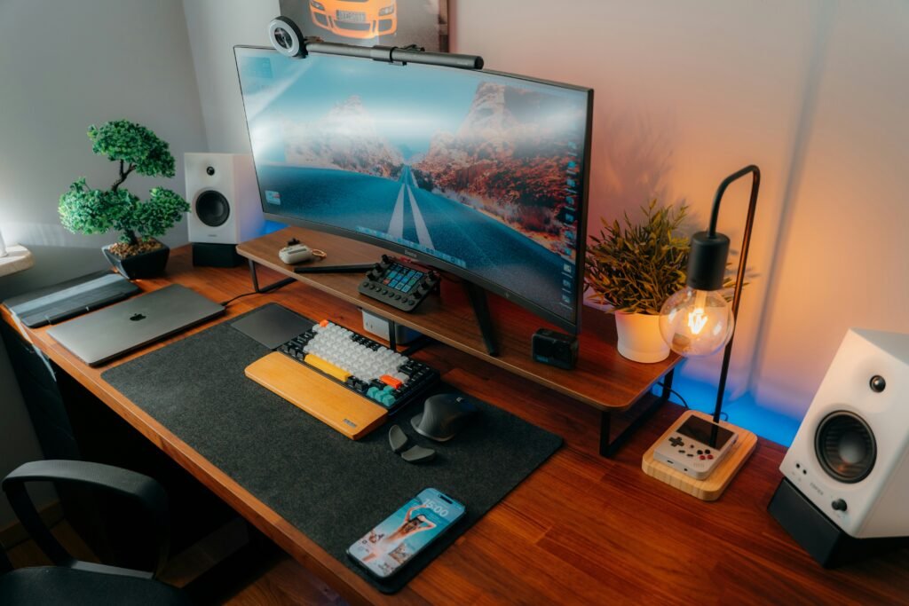Organized corner desk setup with computer and office supplies